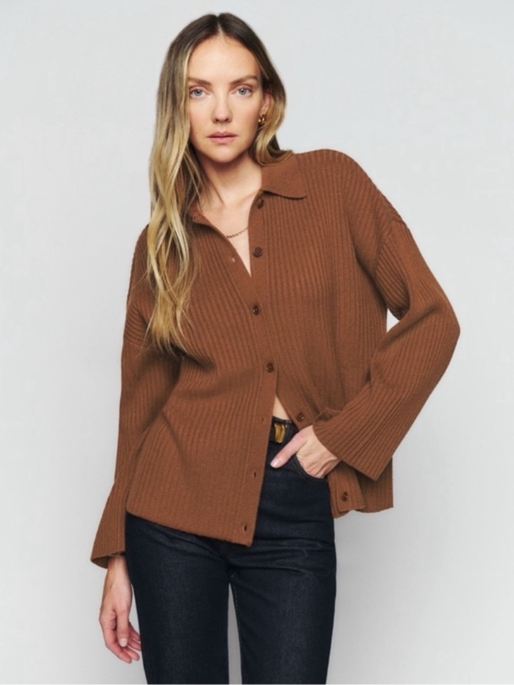 Reformation Cashmere Collared Cardigan Sweater Cinnamon Brown XS